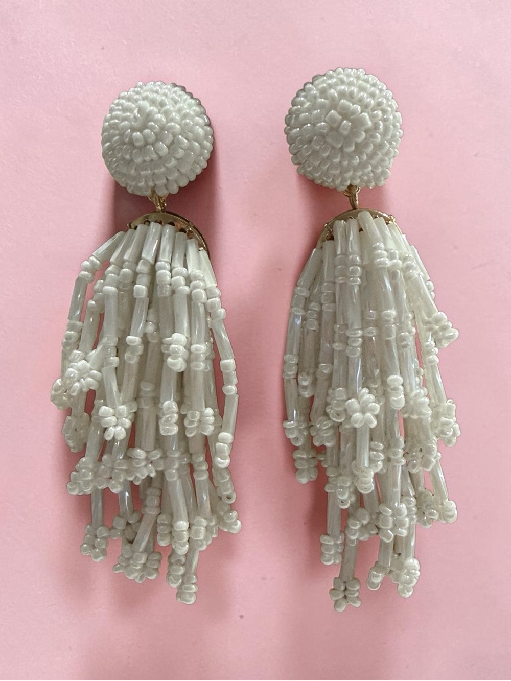 Beaded White Tassel Drop Earrings